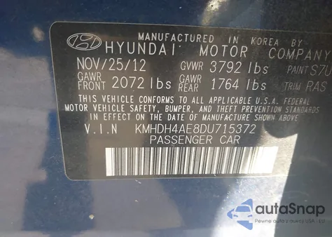 2013 Hyundai Elantra Limited из США, поврежденный, VIN KMHDH4AE8DU715372